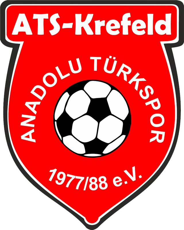 Logo des ATS Krefeld mit rotem Schild, schwarzem Fu&szlig;ball und der Aufschrift "ANADOLU T&Uuml;RKSPOR 1977/88 e.V.".