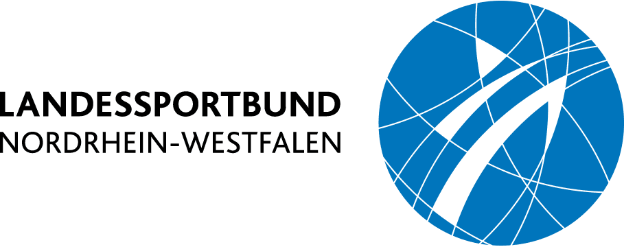 Logo des Landessportbundes Nordrhein-Westfalen in Blau und Schwarz, bestehend aus dynamischen Linien und Text.