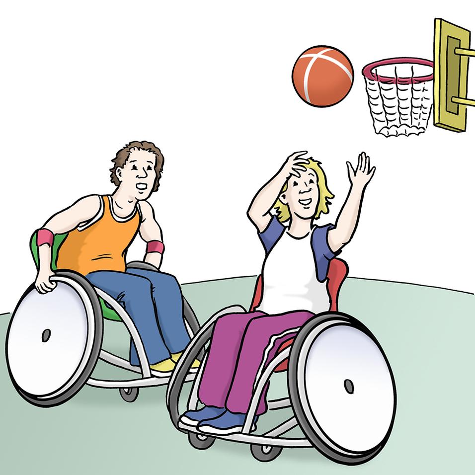 Zwei Menschen im Rollstuhl spielen Basketball und werfen einen Ball Richtung Korb. Der Hintergrund ist hell und einfach.