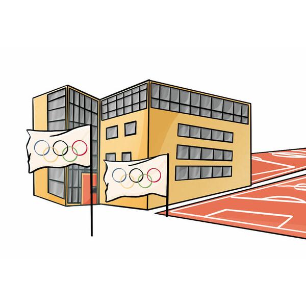 Illustration eines modernen Geb&auml;udes mit Olympiagel&auml;ndern und einem Sportplatz in der N&auml;he.